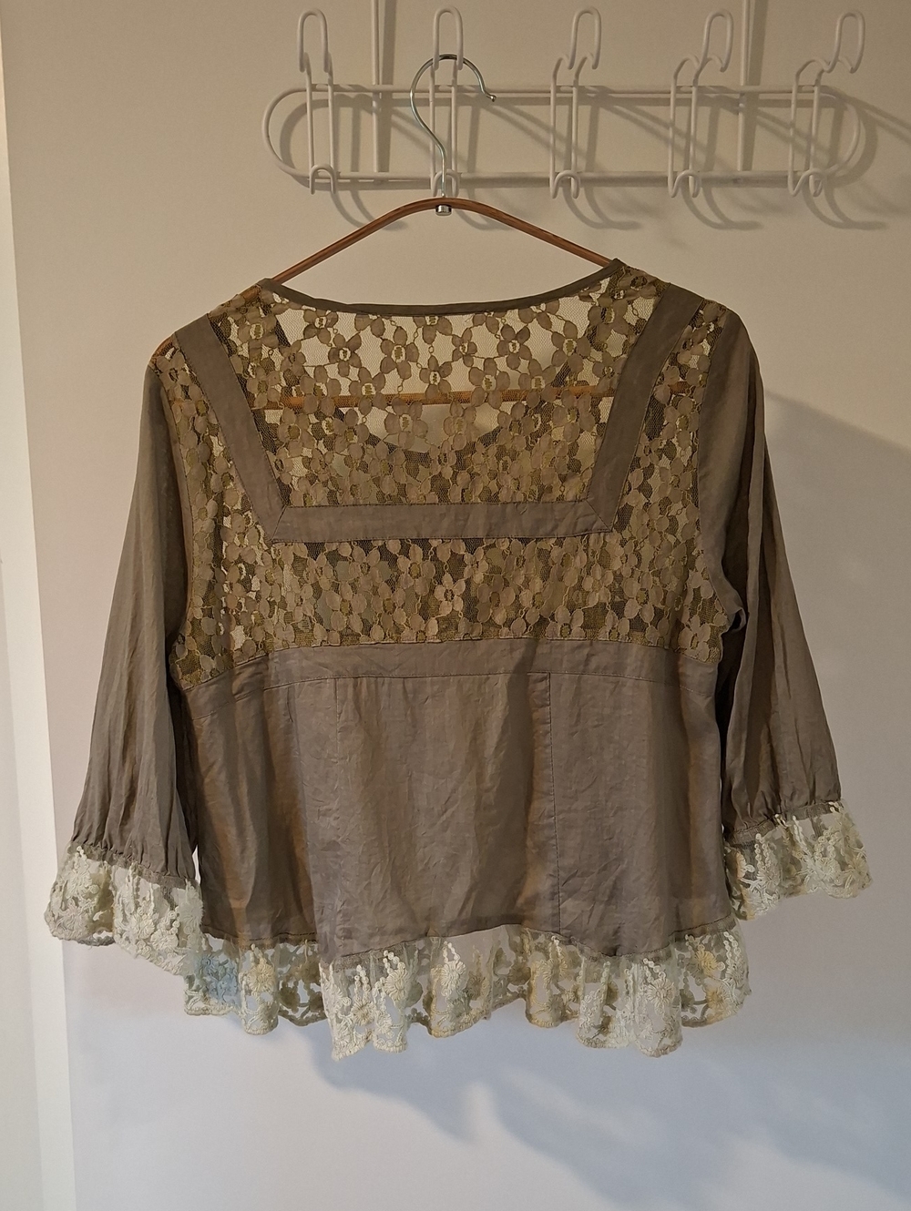Olive Green Lace, Ruffle-trim, 100% Cotton Sheer Pearl-button Cardi (Size XS/S) - Picture 6 of 7